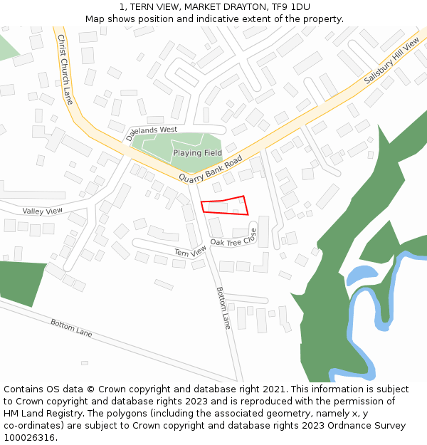 1, TERN VIEW, MARKET DRAYTON, TF9 1DU: Location map and indicative extent of plot