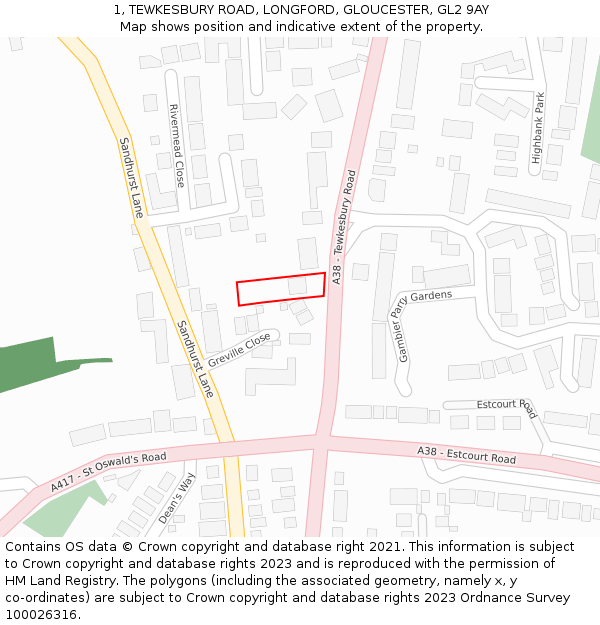 1, TEWKESBURY ROAD, LONGFORD, GLOUCESTER, GL2 9AY: Location map and indicative extent of plot