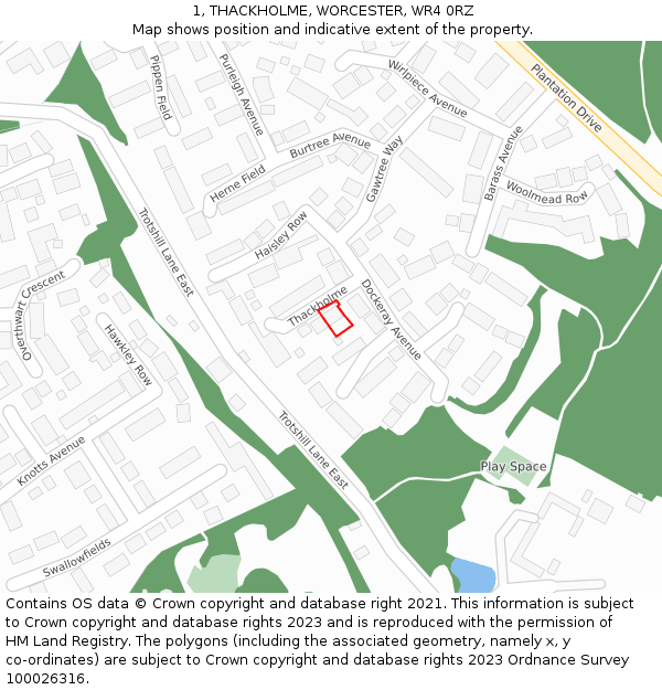 1, THACKHOLME, WORCESTER, WR4 0RZ: Location map and indicative extent of plot