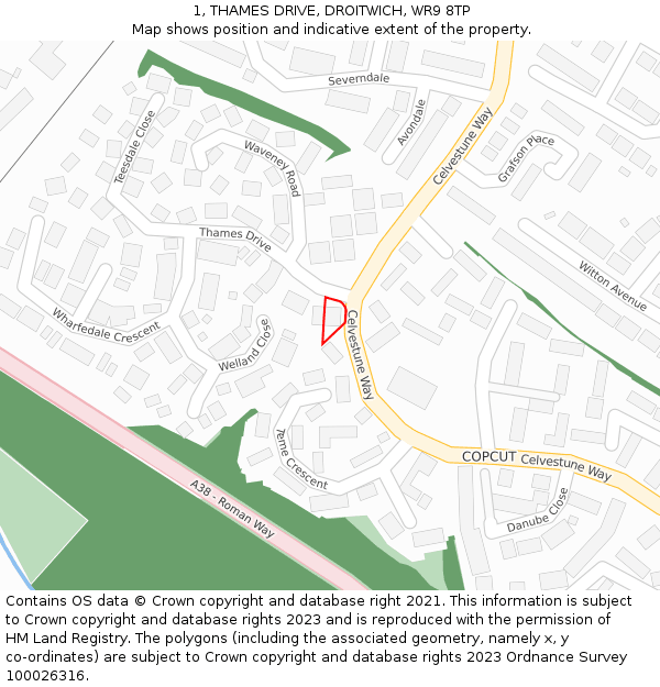 1, THAMES DRIVE, DROITWICH, WR9 8TP: Location map and indicative extent of plot