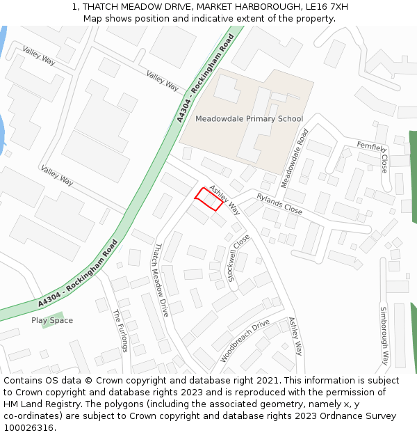 1, THATCH MEADOW DRIVE, MARKET HARBOROUGH, LE16 7XH: Location map and indicative extent of plot