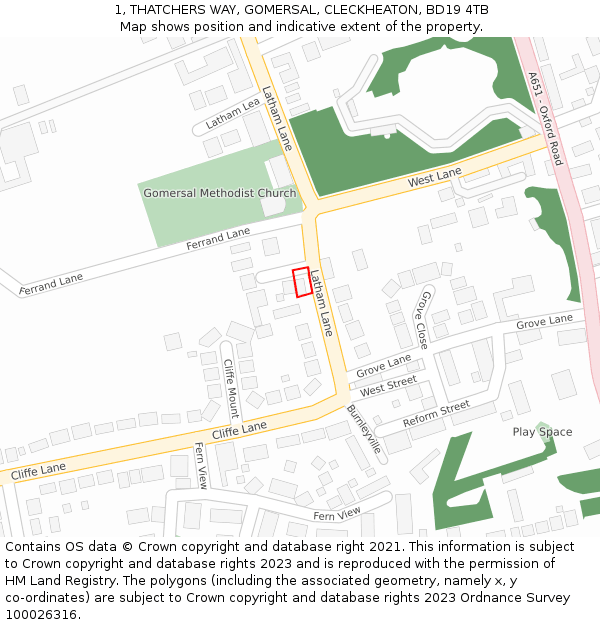 1, THATCHERS WAY, GOMERSAL, CLECKHEATON, BD19 4TB: Location map and indicative extent of plot