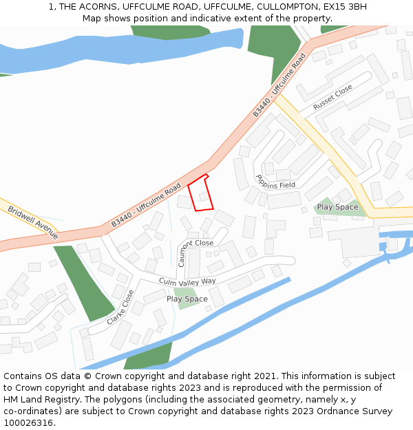 1, THE ACORNS, UFFCULME ROAD, UFFCULME, CULLOMPTON, EX15 3BH: Location map and indicative extent of plot