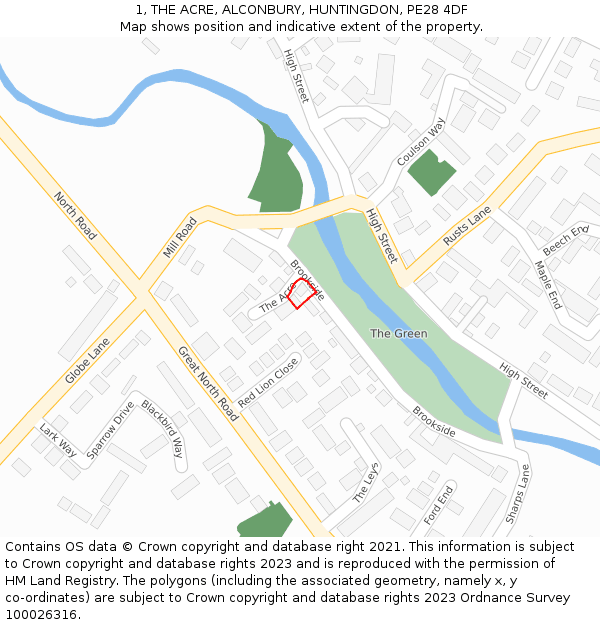 1, THE ACRE, ALCONBURY, HUNTINGDON, PE28 4DF: Location map and indicative extent of plot