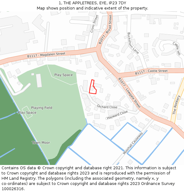 1, THE APPLETREES, EYE, IP23 7DY: Location map and indicative extent of plot