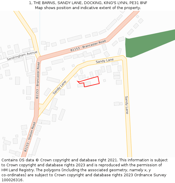 1, THE BARNS, SANDY LANE, DOCKING, KING'S LYNN, PE31 8NF: Location map and indicative extent of plot