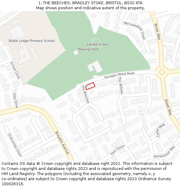 1, THE BEECHES, BRADLEY STOKE, BRISTOL, BS32 9TA: Location map and indicative extent of plot