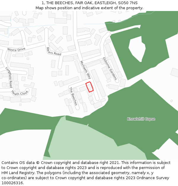 1, THE BEECHES, FAIR OAK, EASTLEIGH, SO50 7NS: Location map and indicative extent of plot