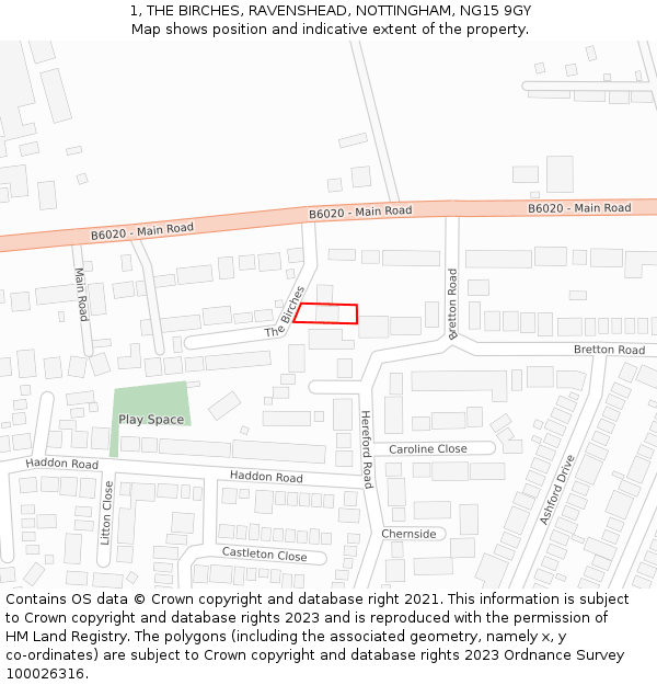 1, THE BIRCHES, RAVENSHEAD, NOTTINGHAM, NG15 9GY: Location map and indicative extent of plot