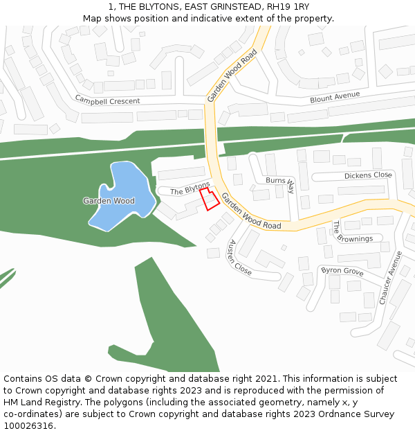 1, THE BLYTONS, EAST GRINSTEAD, RH19 1RY: Location map and indicative extent of plot