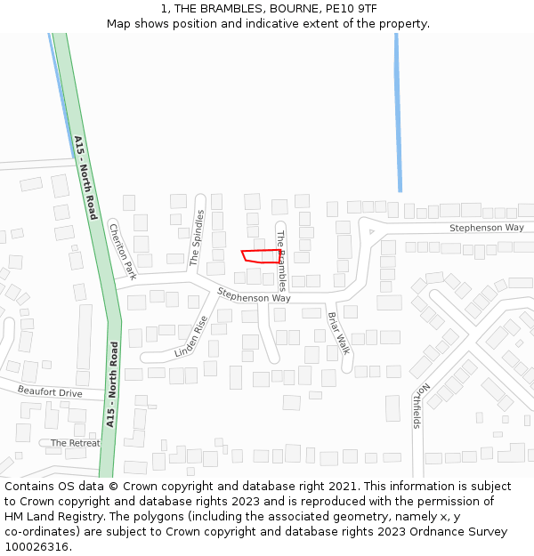 1, THE BRAMBLES, BOURNE, PE10 9TF: Location map and indicative extent of plot