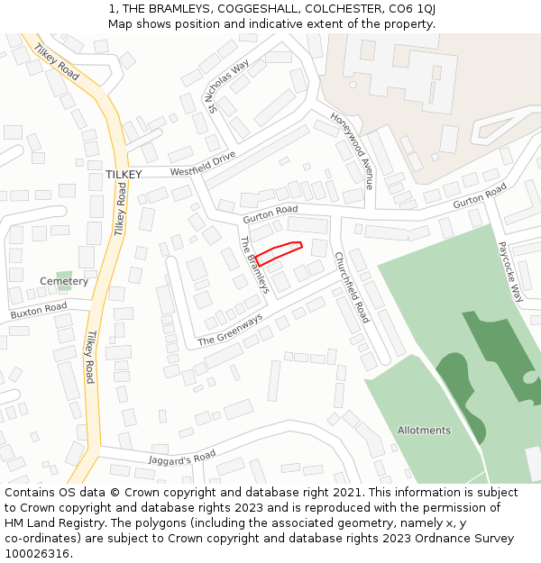 1, THE BRAMLEYS, COGGESHALL, COLCHESTER, CO6 1QJ: Location map and indicative extent of plot