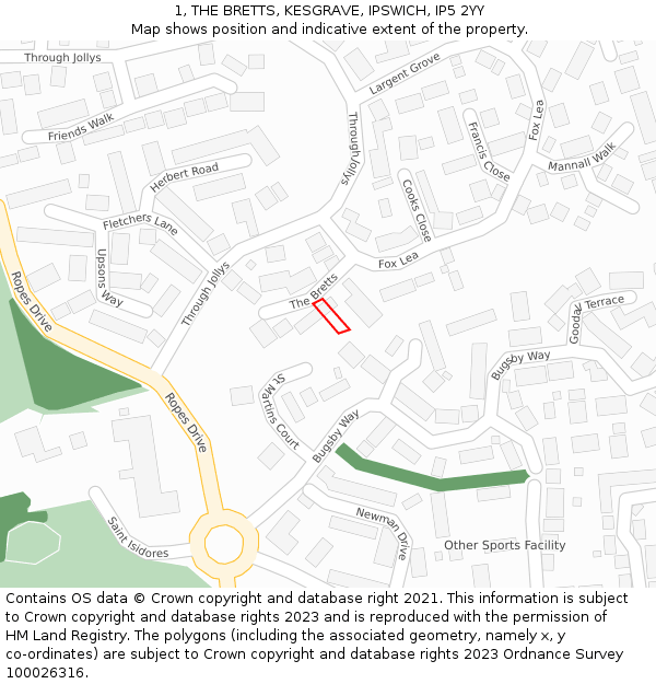 1, THE BRETTS, KESGRAVE, IPSWICH, IP5 2YY: Location map and indicative extent of plot