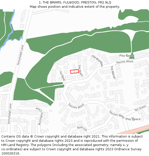 1, THE BRIARS, FULWOOD, PRESTON, PR2 9LQ: Location map and indicative extent of plot