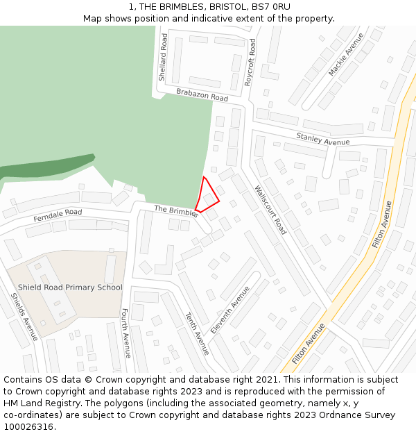 1, THE BRIMBLES, BRISTOL, BS7 0RU: Location map and indicative extent of plot