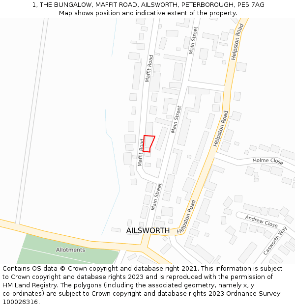 1, THE BUNGALOW, MAFFIT ROAD, AILSWORTH, PETERBOROUGH, PE5 7AG: Location map and indicative extent of plot