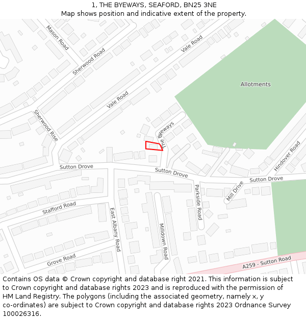 1, THE BYEWAYS, SEAFORD, BN25 3NE: Location map and indicative extent of plot