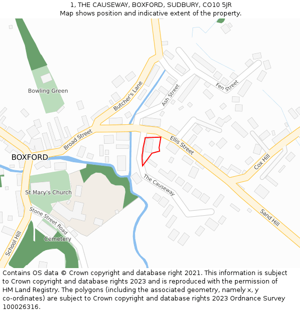 1, THE CAUSEWAY, BOXFORD, SUDBURY, CO10 5JR: Location map and indicative extent of plot