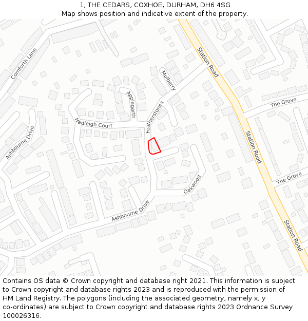 1, THE CEDARS, COXHOE, DURHAM, DH6 4SG: Location map and indicative extent of plot