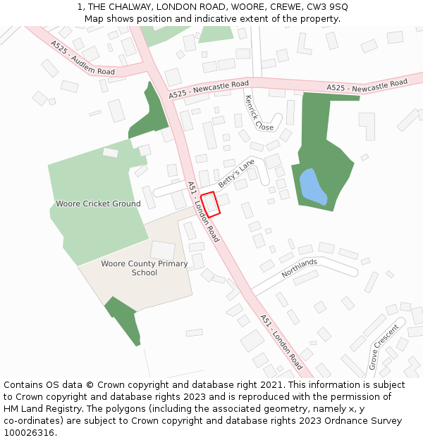 1, THE CHALWAY, LONDON ROAD, WOORE, CREWE, CW3 9SQ: Location map and indicative extent of plot