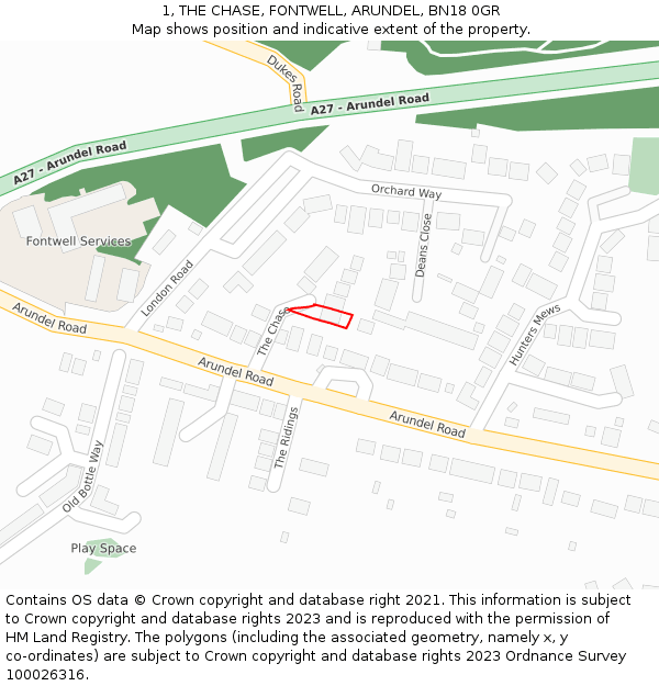 1, THE CHASE, FONTWELL, ARUNDEL, BN18 0GR: Location map and indicative extent of plot