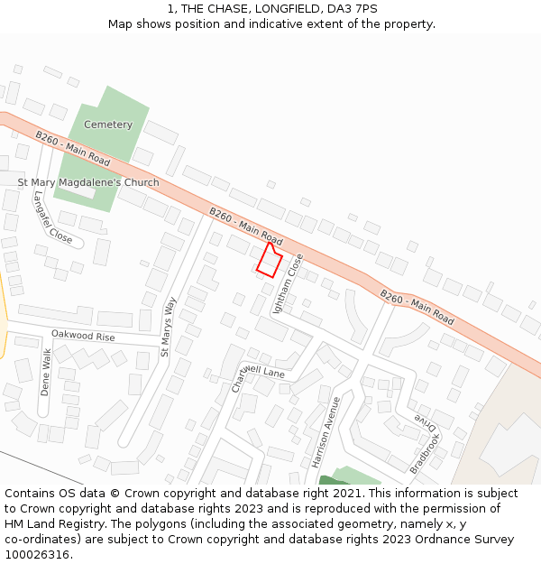 1, THE CHASE, LONGFIELD, DA3 7PS: Location map and indicative extent of plot