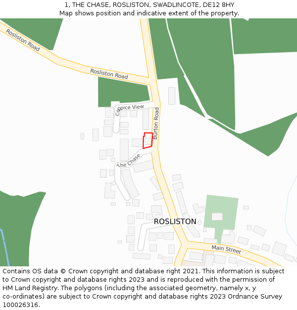 1, THE CHASE, ROSLISTON, SWADLINCOTE, DE12 8HY: Location map and indicative extent of plot