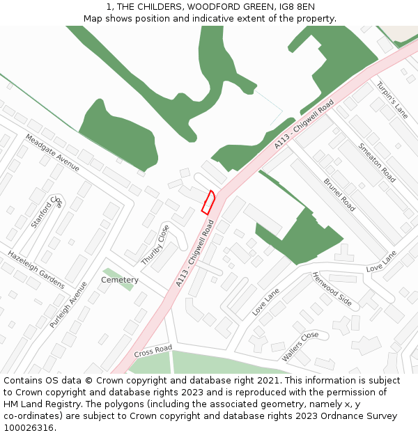 1, THE CHILDERS, WOODFORD GREEN, IG8 8EN: Location map and indicative extent of plot