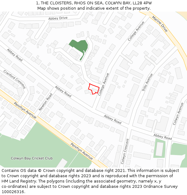 1, THE CLOISTERS, RHOS ON SEA, COLWYN BAY, LL28 4PW: Location map and indicative extent of plot