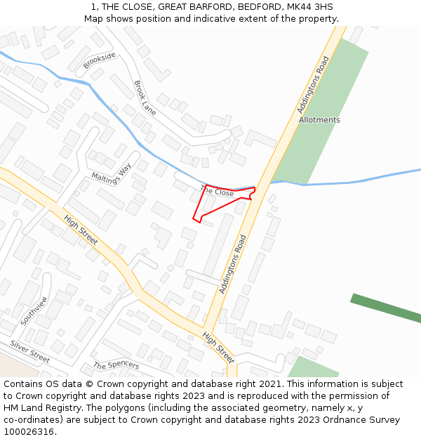 1, THE CLOSE, GREAT BARFORD, BEDFORD, MK44 3HS: Location map and indicative extent of plot