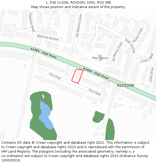1, THE CLOSE, ROYDON, DISS, IP22 5RE: Location map and indicative extent of plot