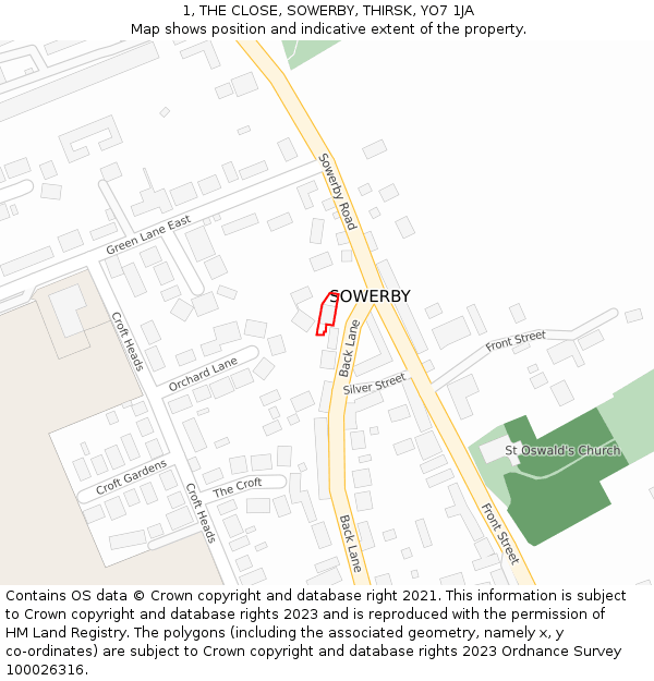 1, THE CLOSE, SOWERBY, THIRSK, YO7 1JA: Location map and indicative extent of plot