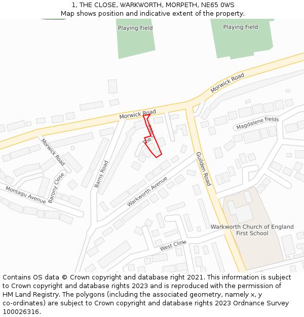 1, THE CLOSE, WARKWORTH, MORPETH, NE65 0WS: Location map and indicative extent of plot