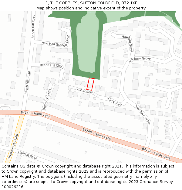 1, THE COBBLES, SUTTON COLDFIELD, B72 1XE: Location map and indicative extent of plot