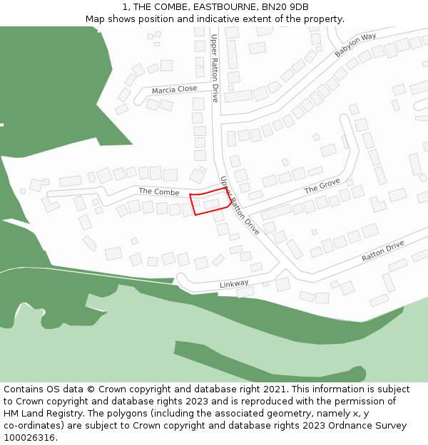 1, THE COMBE, EASTBOURNE, BN20 9DB: Location map and indicative extent of plot