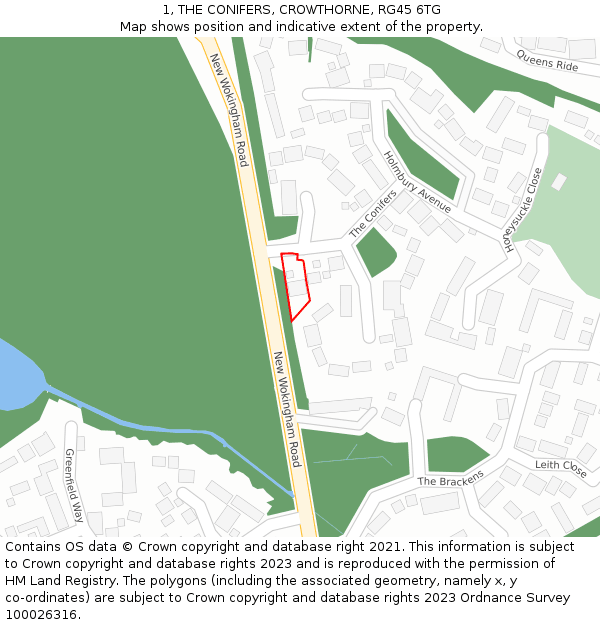 1, THE CONIFERS, CROWTHORNE, RG45 6TG: Location map and indicative extent of plot