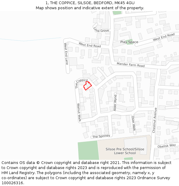 1, THE COPPICE, SILSOE, BEDFORD, MK45 4GU: Location map and indicative extent of plot