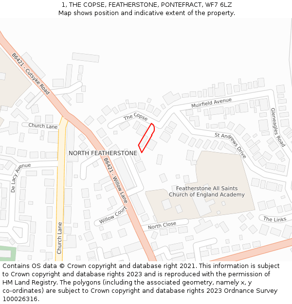 1, THE COPSE, FEATHERSTONE, PONTEFRACT, WF7 6LZ: Location map and indicative extent of plot