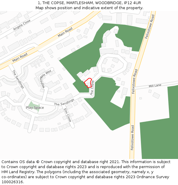 1, THE COPSE, MARTLESHAM, WOODBRIDGE, IP12 4UR: Location map and indicative extent of plot