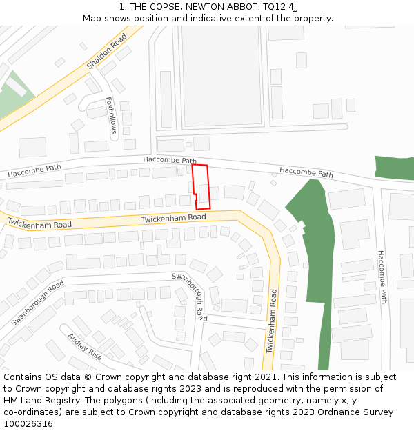 1, THE COPSE, NEWTON ABBOT, TQ12 4JJ: Location map and indicative extent of plot
