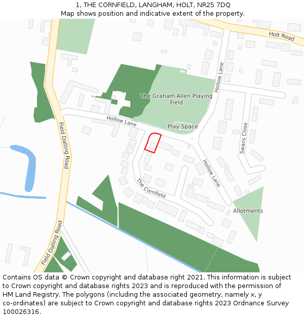 1, THE CORNFIELD, LANGHAM, HOLT, NR25 7DQ: Location map and indicative extent of plot