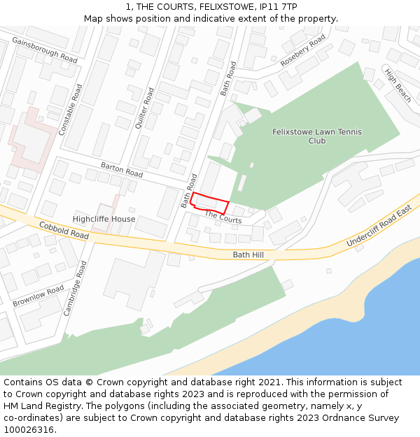 1, THE COURTS, FELIXSTOWE, IP11 7TP: Location map and indicative extent of plot