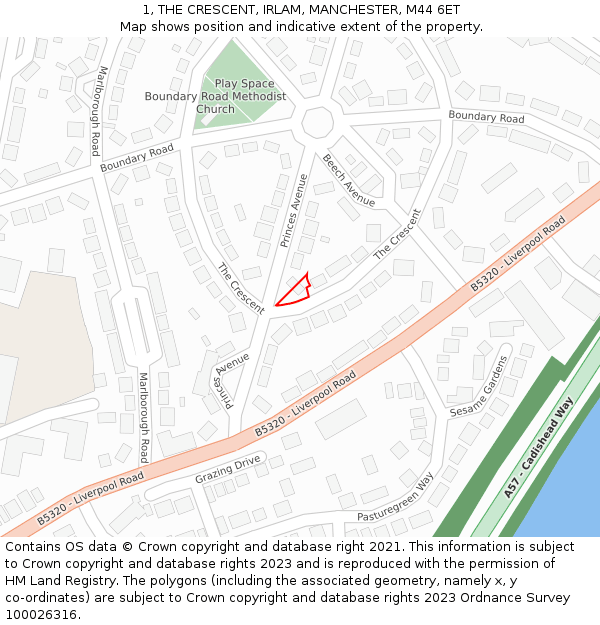 1, THE CRESCENT, IRLAM, MANCHESTER, M44 6ET: Location map and indicative extent of plot