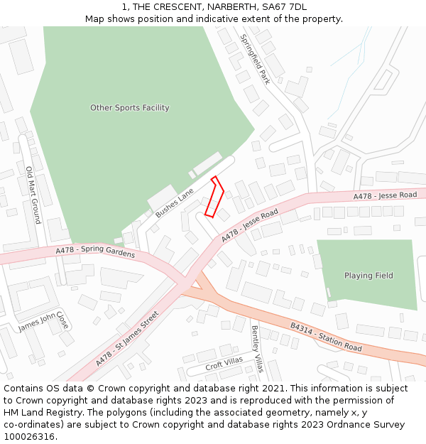 1, THE CRESCENT, NARBERTH, SA67 7DL: Location map and indicative extent of plot