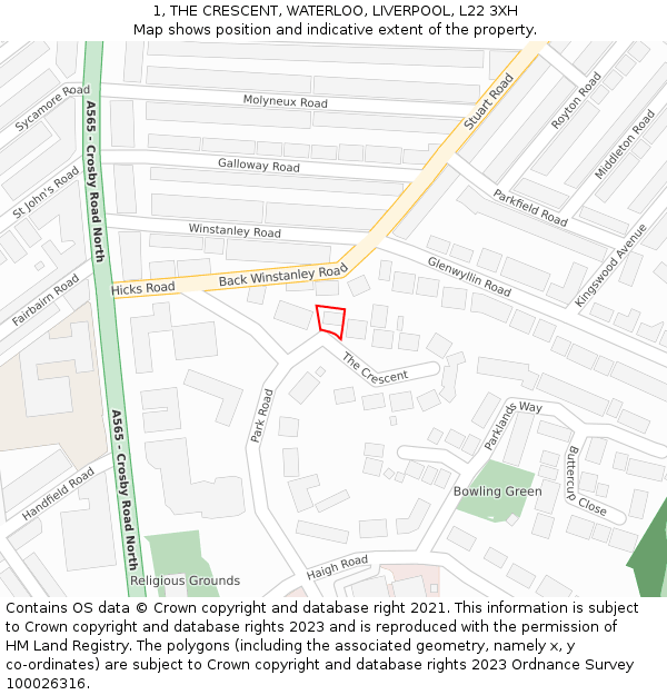 1, THE CRESCENT, WATERLOO, LIVERPOOL, L22 3XH: Location map and indicative extent of plot