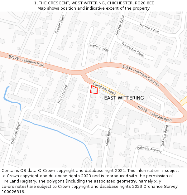 1, THE CRESCENT, WEST WITTERING, CHICHESTER, PO20 8EE: Location map and indicative extent of plot