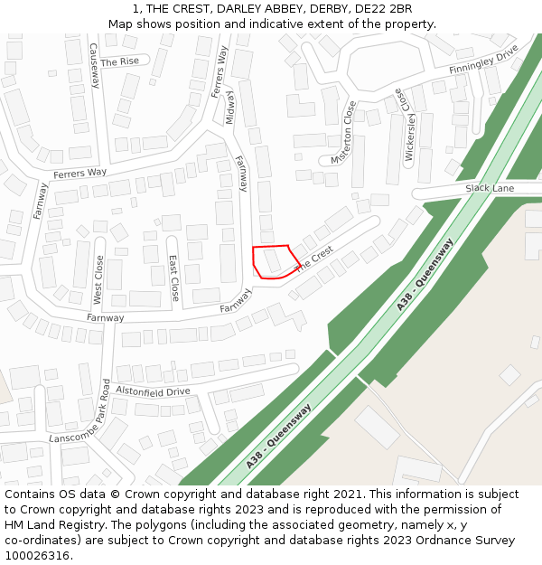 1, THE CREST, DARLEY ABBEY, DERBY, DE22 2BR: Location map and indicative extent of plot