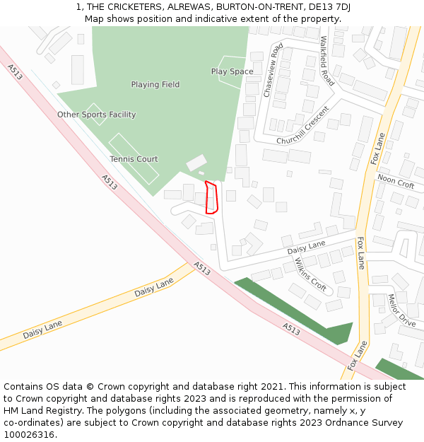 1, THE CRICKETERS, ALREWAS, BURTON-ON-TRENT, DE13 7DJ: Location map and indicative extent of plot