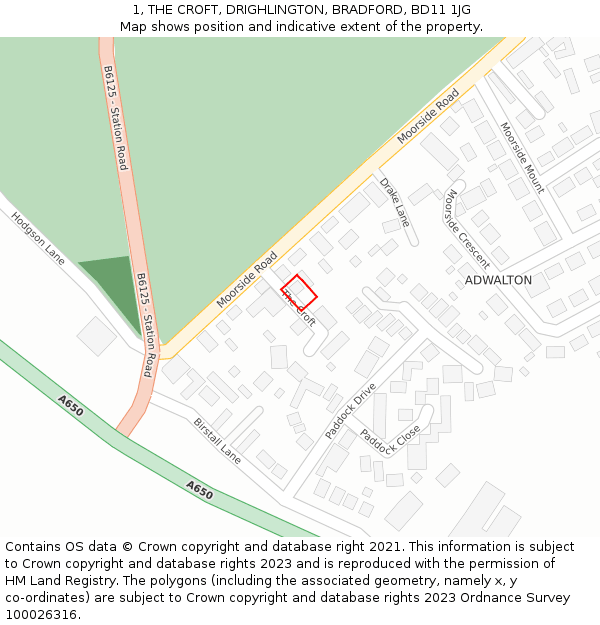 1, THE CROFT, DRIGHLINGTON, BRADFORD, BD11 1JG: Location map and indicative extent of plot