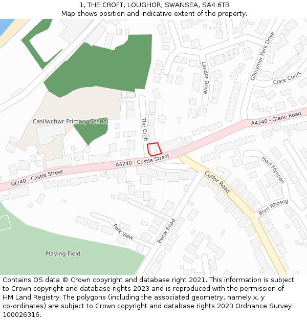 1, THE CROFT, LOUGHOR, SWANSEA, SA4 6TB: Location map and indicative extent of plot